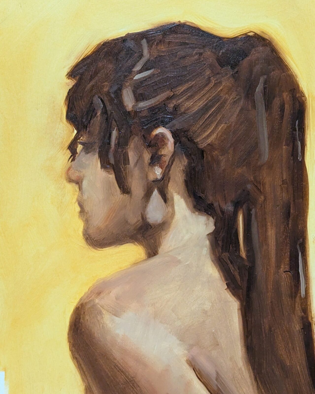 Peinture à l'huile, portrait de profil d'Idhara, fond jaune