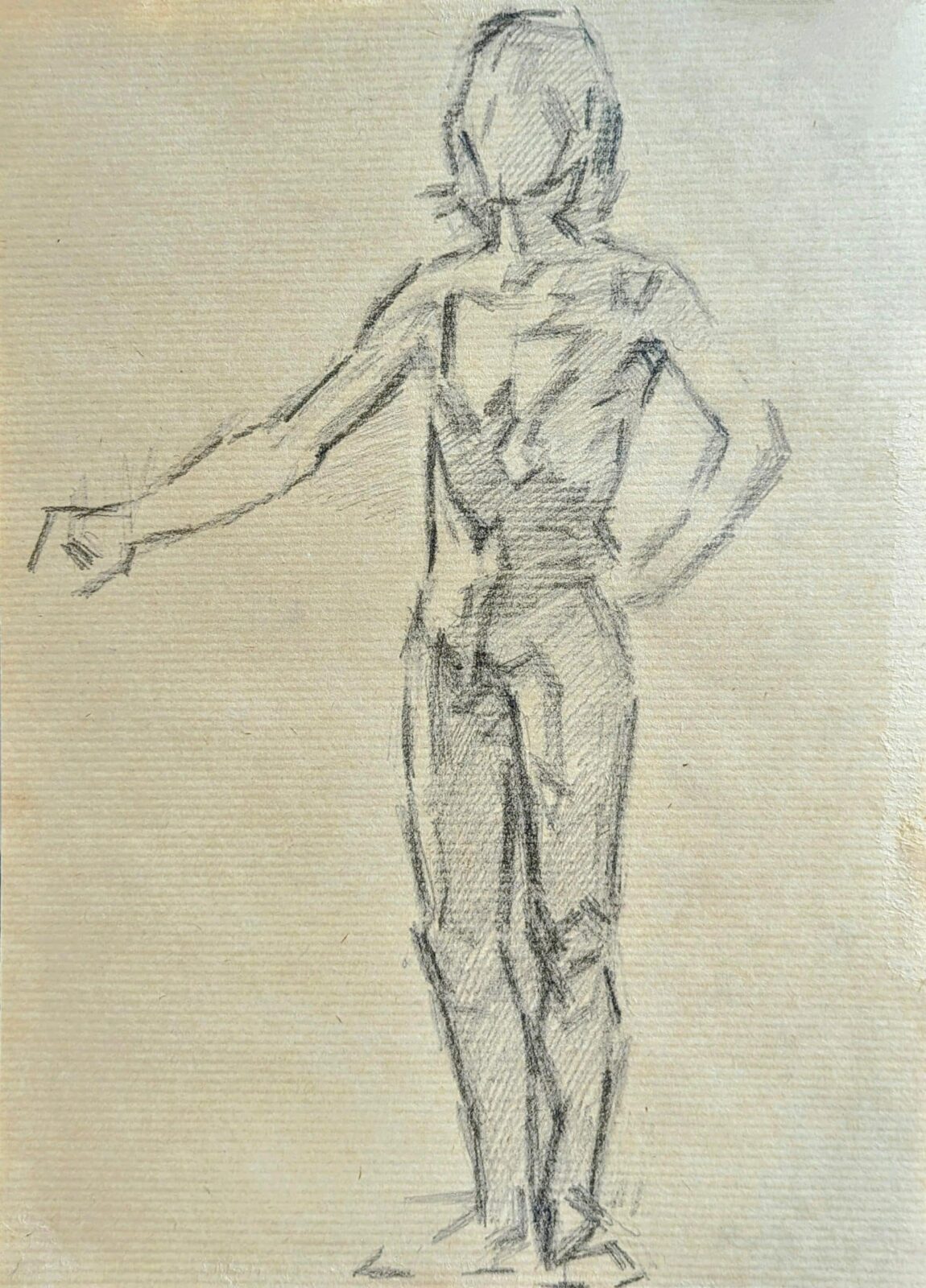 Étude de nu de dos, bras tendu, crayon sur papier kraft