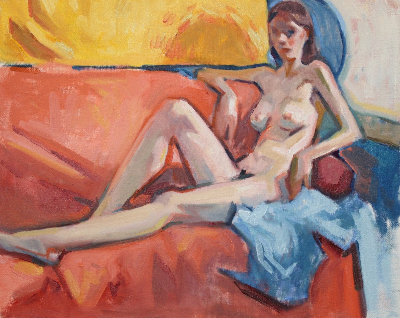 Peinture à l'huile, nu allongé sur un canapé orange et bleu