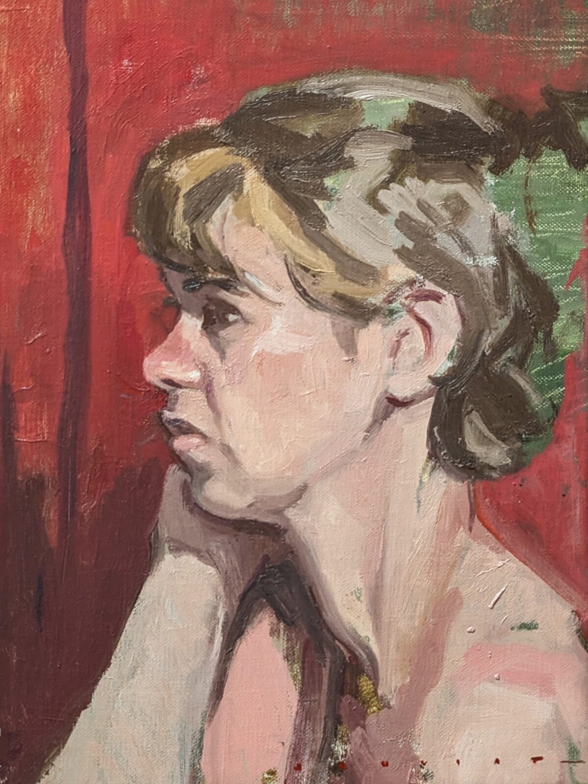 Peinture à l'huile, portrait de Morgane, fond rouge et vert