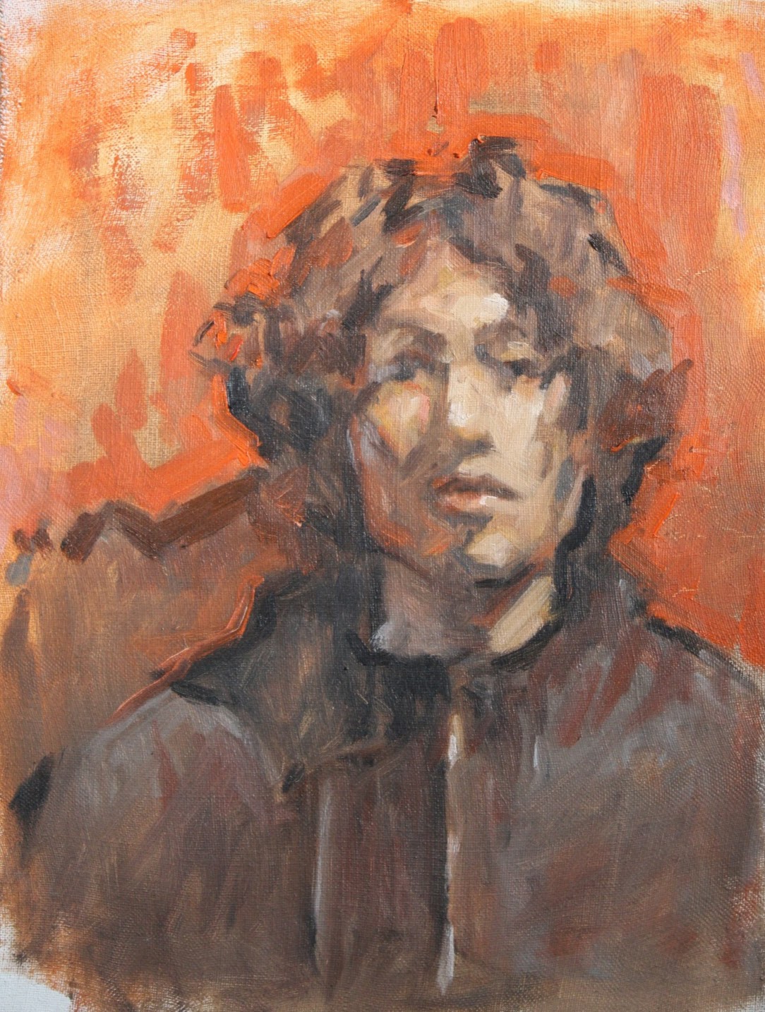Peinture à l'huile, portrait de Safir, cheveux bouclés, fond orange