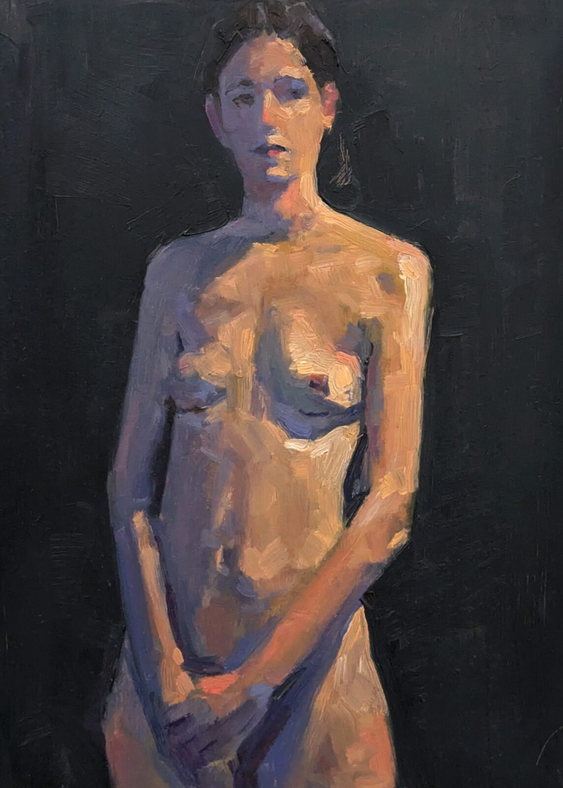 nu de jeune femme ombre bleue fond noire peinture à l'huile sur bois