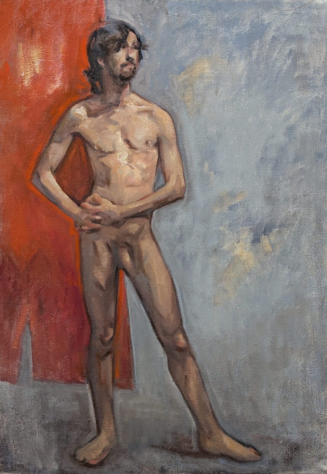 Peinture à l'huile d'un nu masculin debout, fond rouge et gris