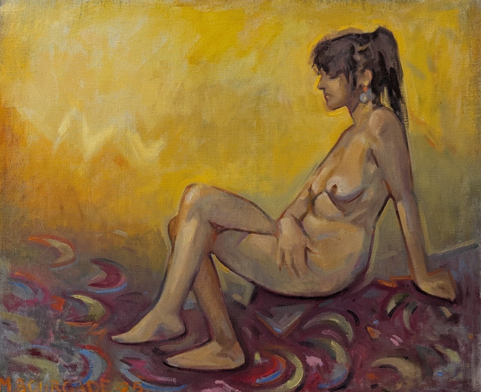 Peinture à l'huile, nu assis d'Idhara, fond jaune