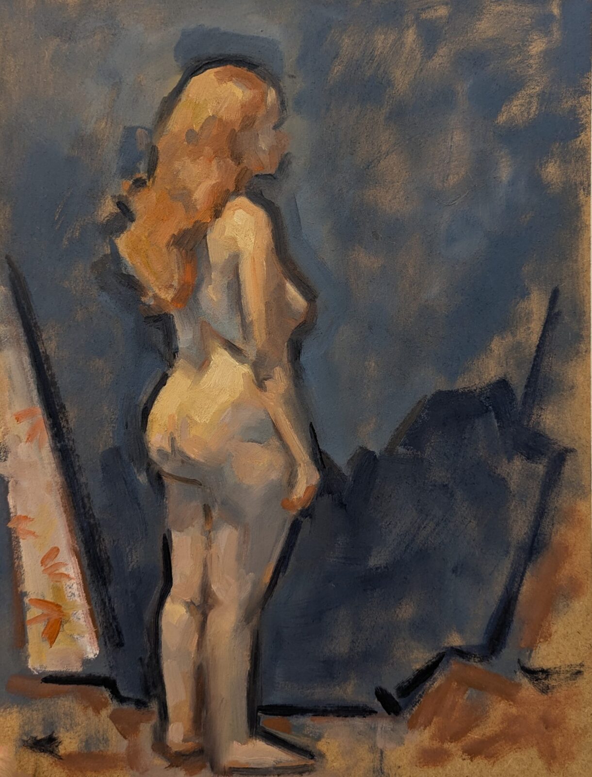 Peinture à l'huile, nu féminin debout de dos, fond bleu, atelier en arrière-plan