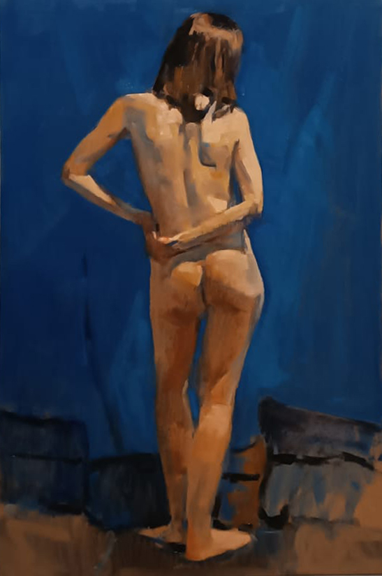 Peinture à l'huile d'un nu féminin de dos, fond bleu profond