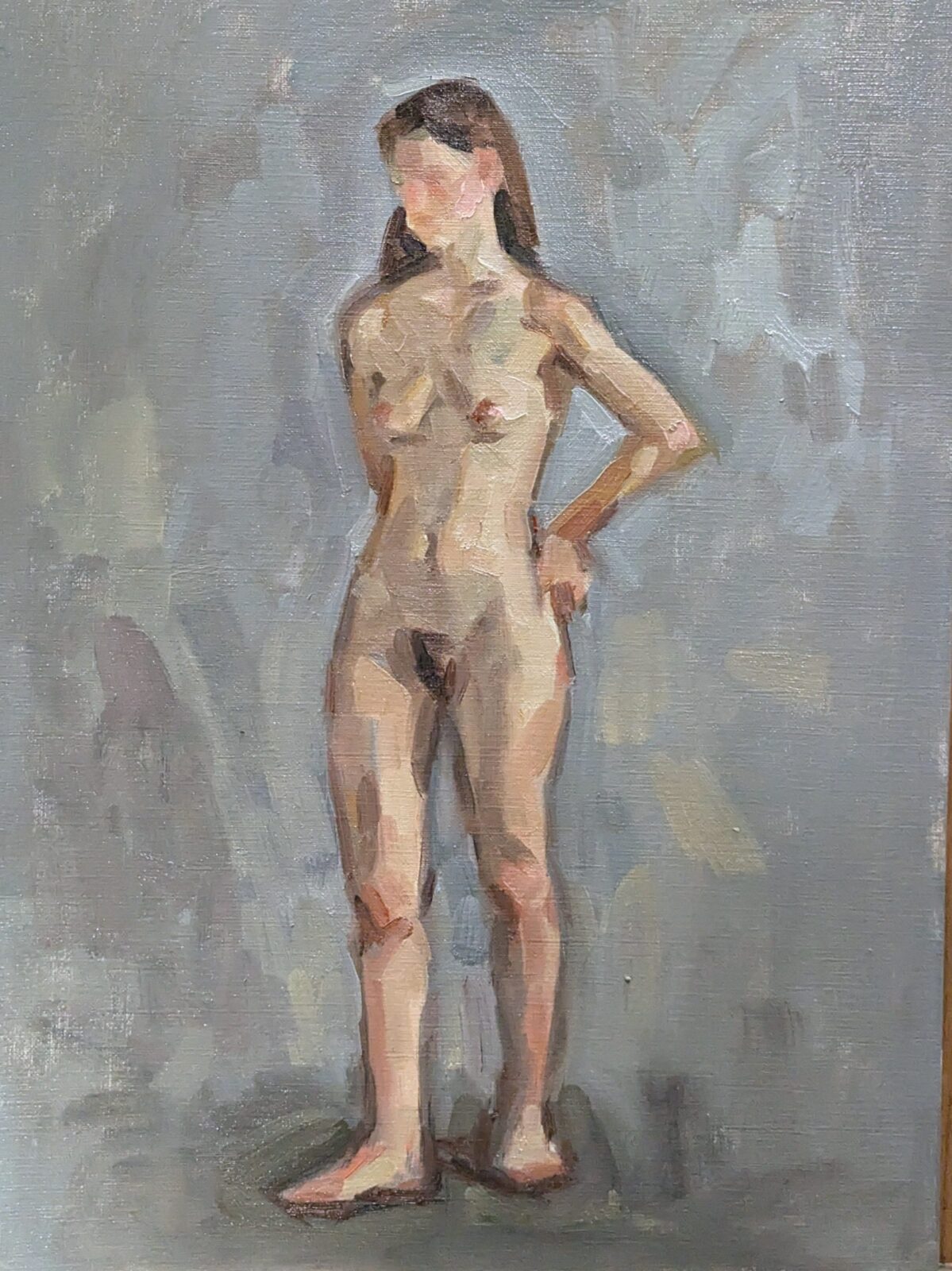 Peinture à l'huile d'un nu féminin debout de dos, main sur la hanche