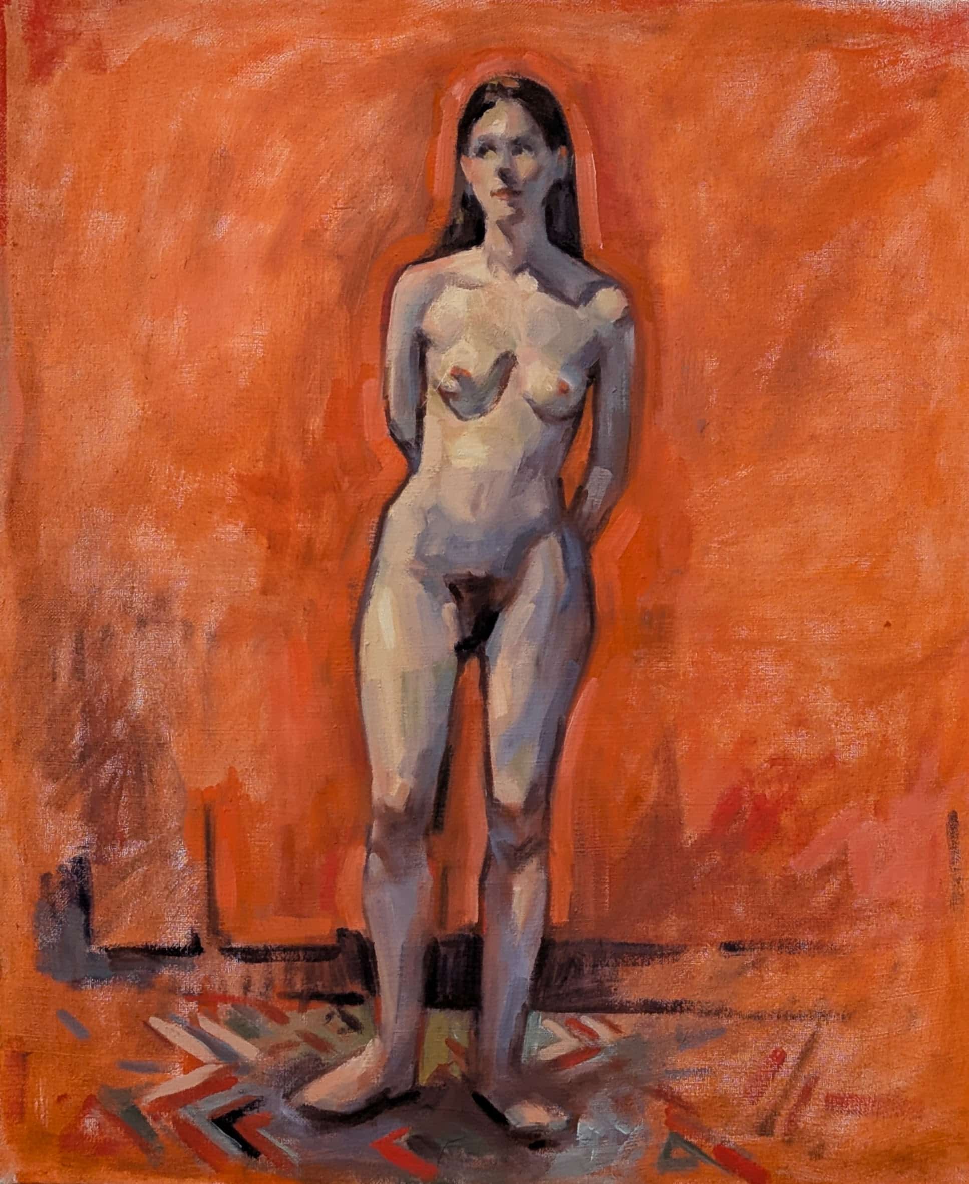Peinture à l'huile, nu debout de Lou, fond orange-rouge