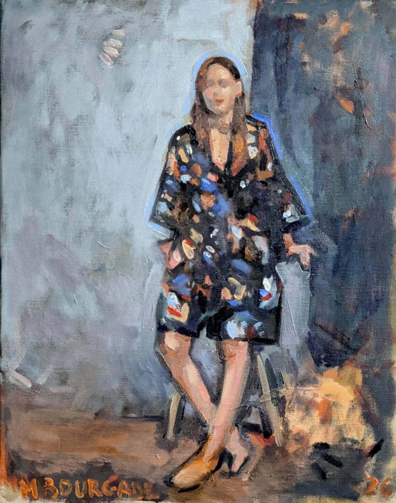Peinture à l'huile, portrait de Lou en kimono imprimé, fond gris