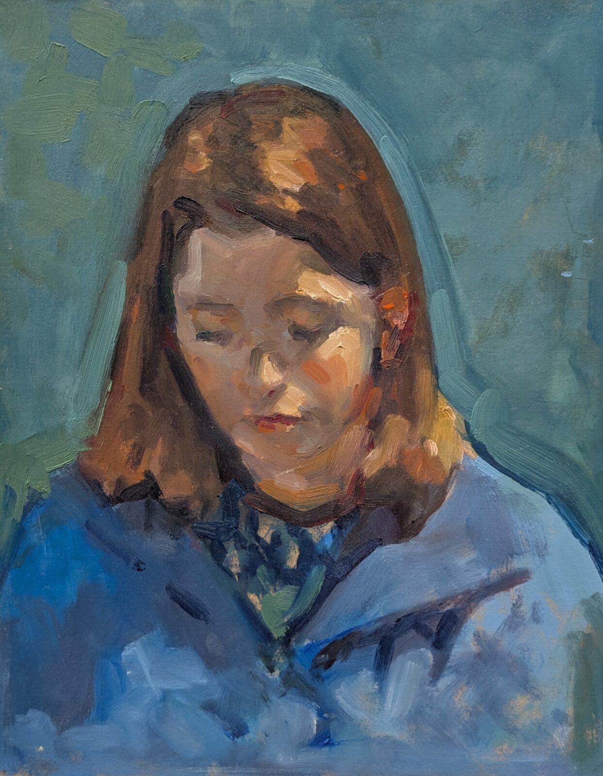 Peinture à l'huile, portrait d'Hermance de trois-quarts, fond bleu-vert